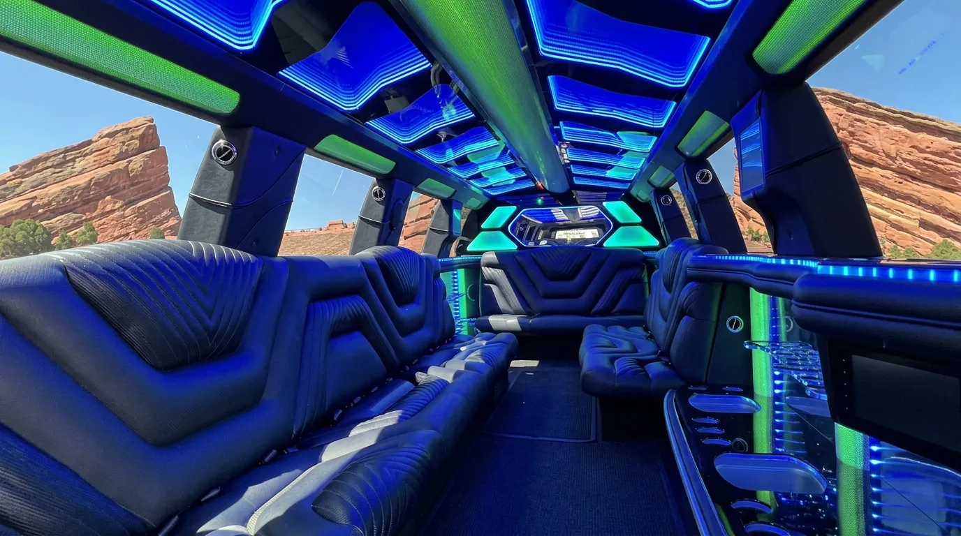 Inside the Chevy Suburban limo in Thornton Colorado: LED light-show ceiling, leather lounge seating and lit bar
