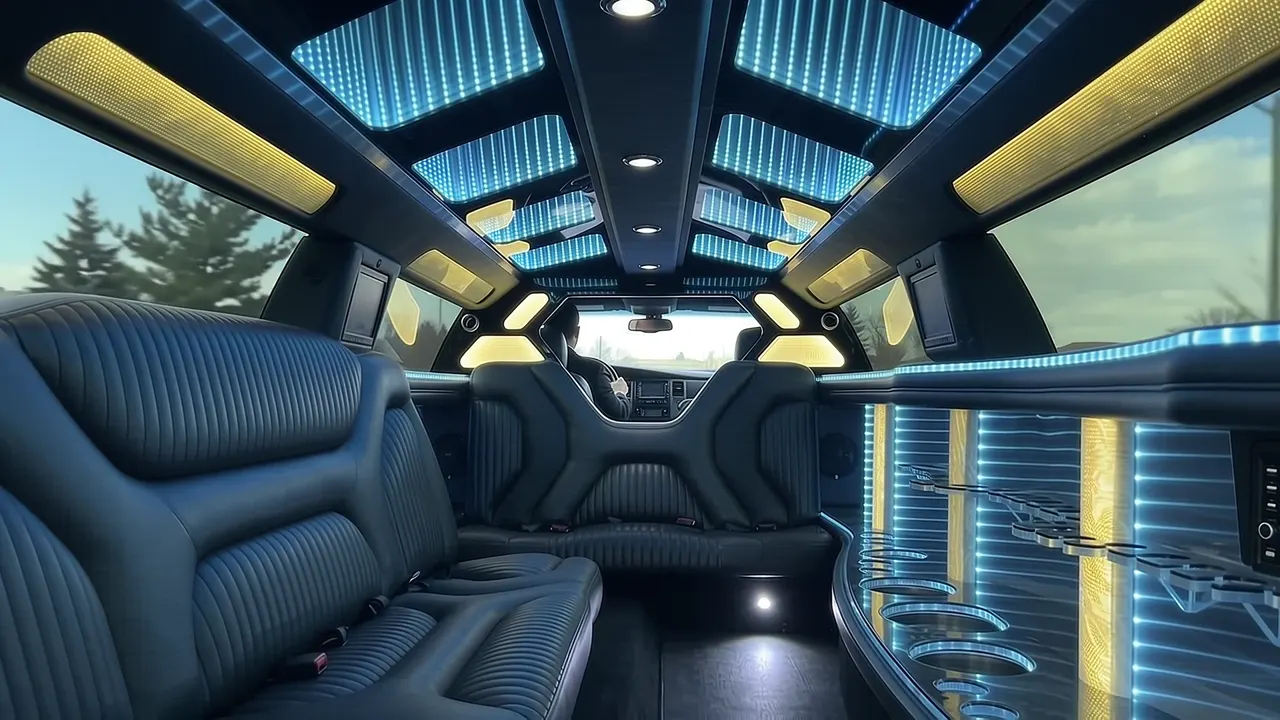 Inside the Dodge Charger limo in Thornton Colorado: LED light-show ceiling, leather lounge seating and lit bar