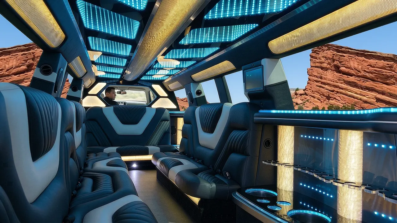 Inside the Mercedes GLS limo in Thornton Colorado: LED light-show ceiling, leather lounge seating and lit bar
